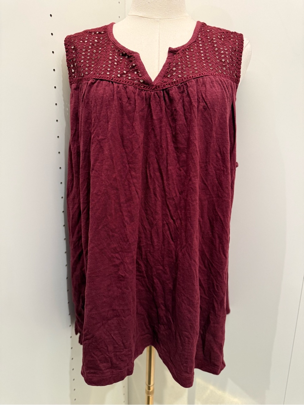Eddie Bauer Sleeveless Crochet-Yoke Top in Burgundy